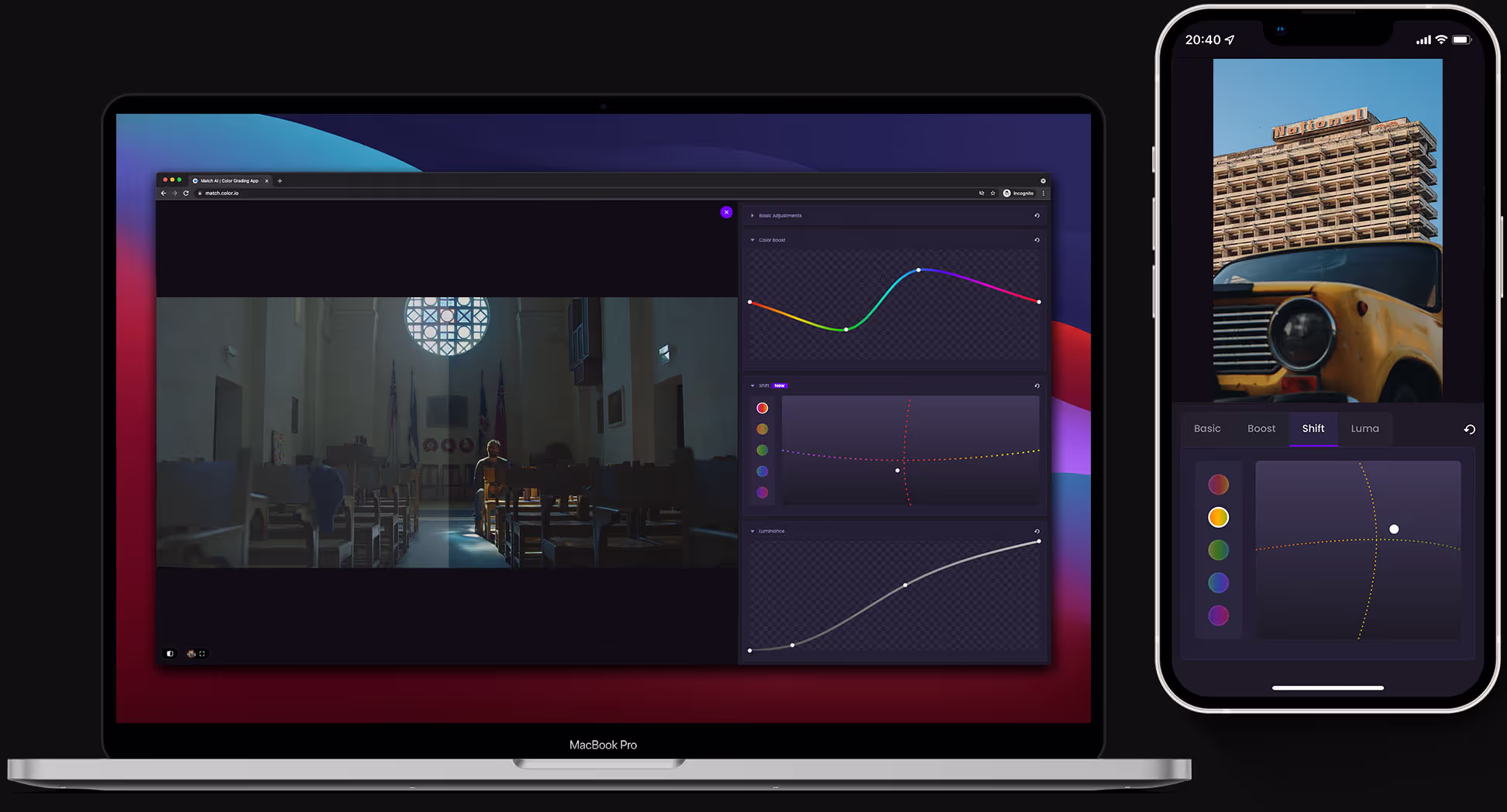 Macbook Pro 16 with Match AI Color Grading App next to an iPhone 13 with Match AI Color Grading App