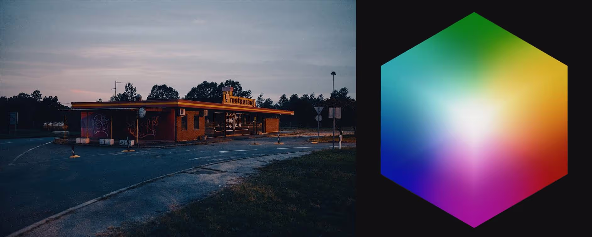 A color cube used as a 3D lookup table for color grading that has smooth transitions and good color separation next to a preview image