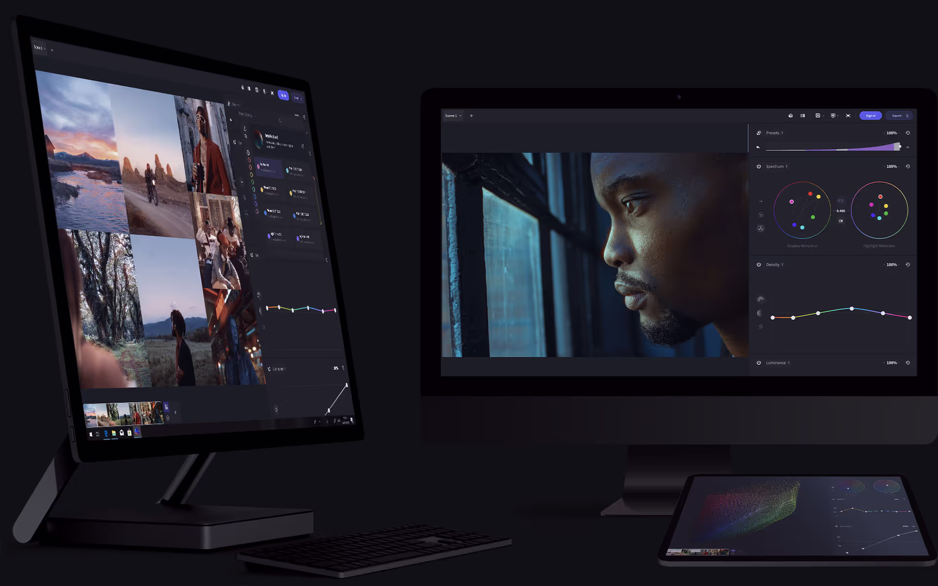 Screens showing color grading software that works on Windows, Mac and iPad.