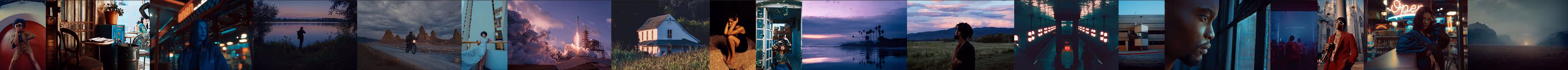 A long strip of film photos with dense and vibrant, filmic colors, grain and film halation. 