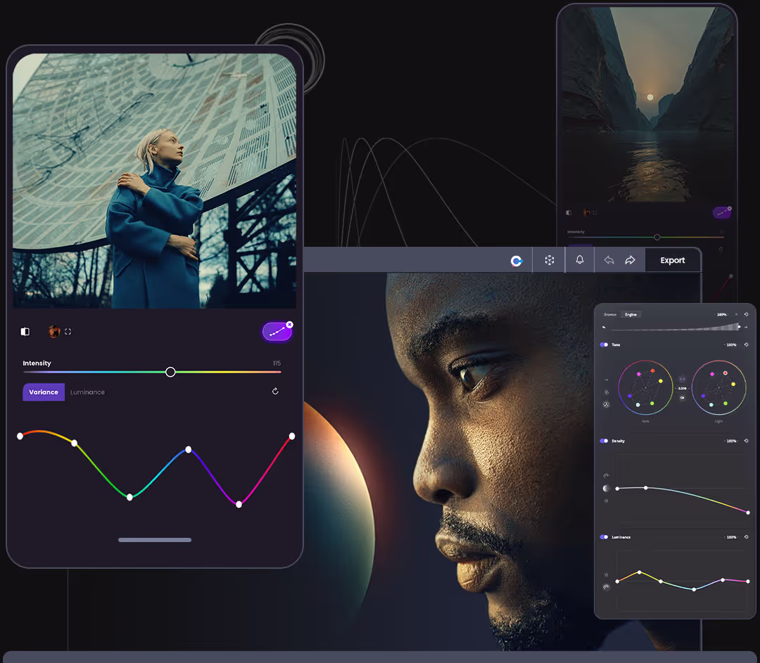 Color Grading Software for Windows, Mac, iPhone, Android and iPad showcased on various devices with cinematic images.