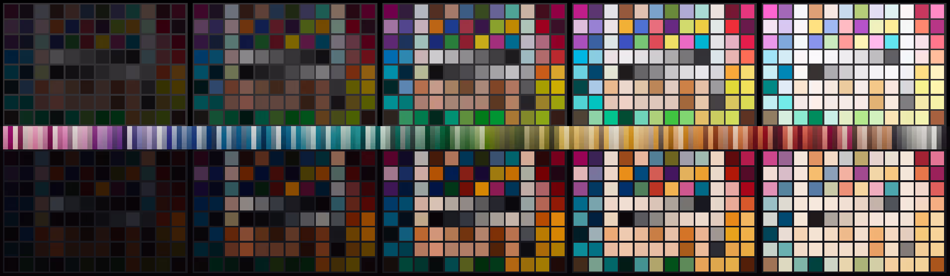 Color charts at multiple exposure levels. sRGB in the top row and film emulation from VisionColor ImpulZ at the bottom