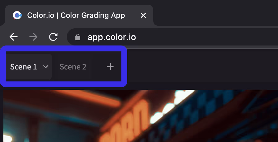 Color.io software user interface showing multiple scenes. Scenes are tabs that allow multiple color grading projects to be opened in the same window.