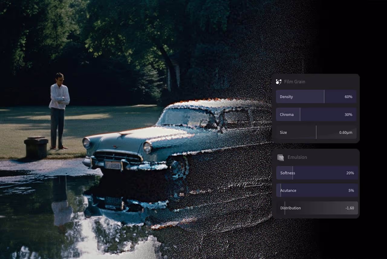 Film Grain simulation showcase in Color.io - volumetric 3d grain distribution based on digital image.
