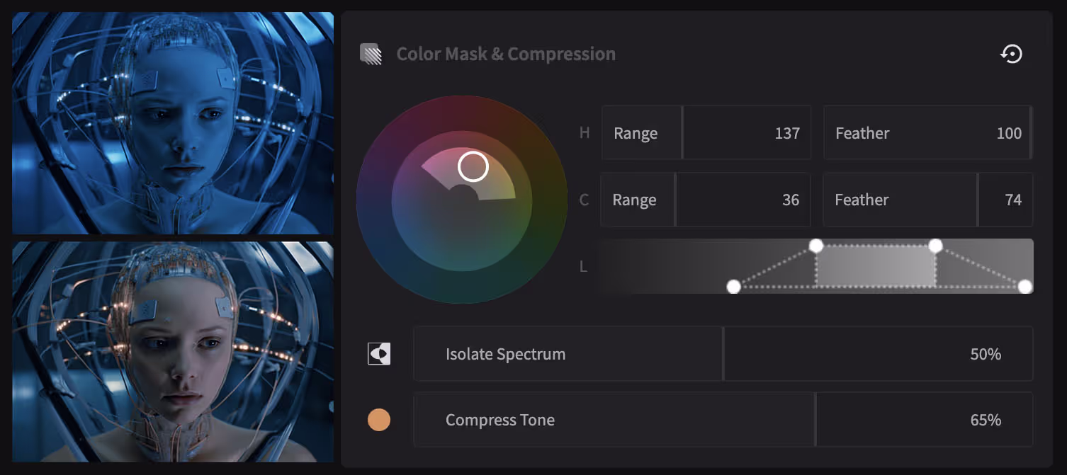 Color Range Mask User interface in color.io for skin tone color grading