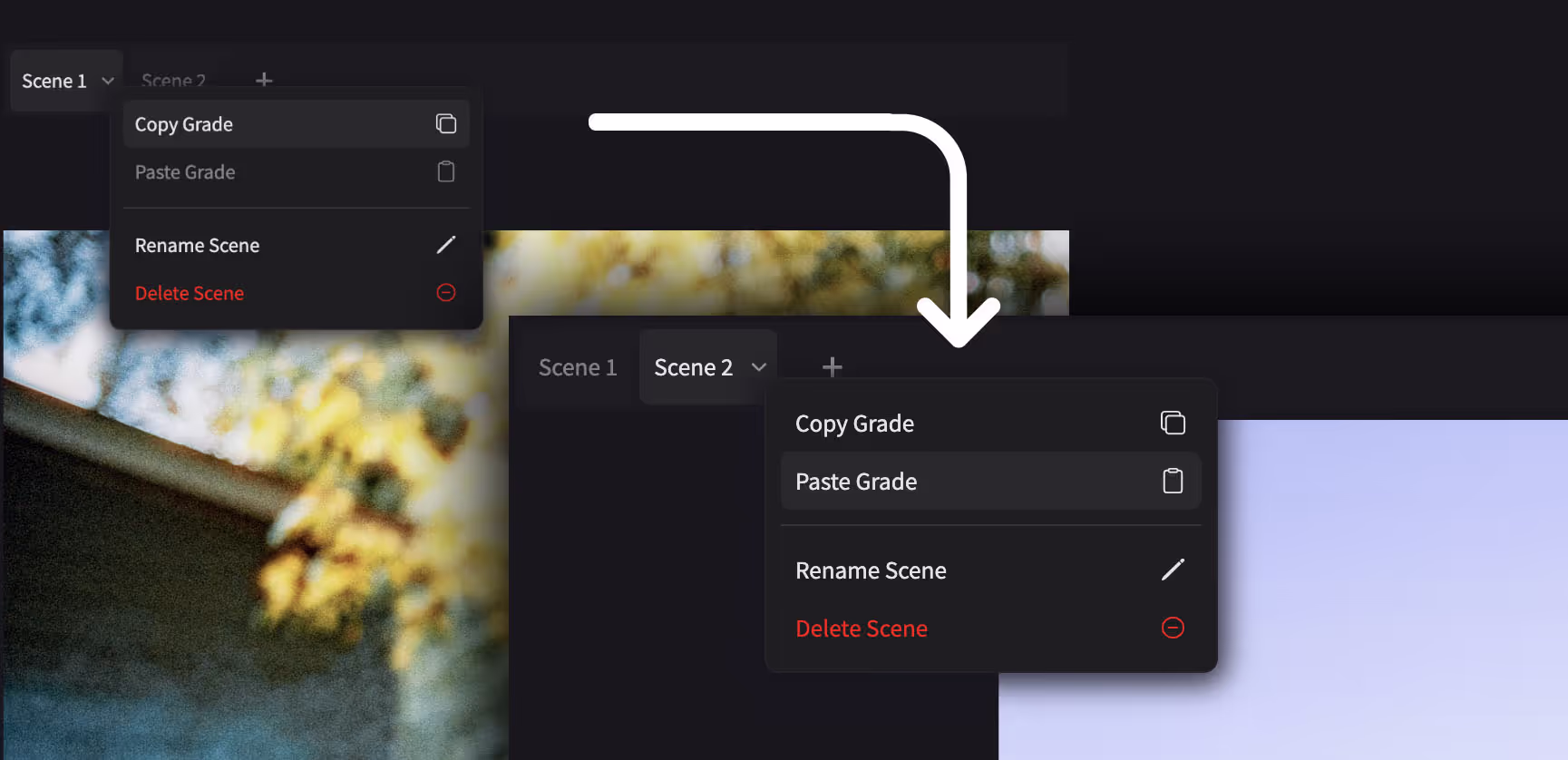 Copy color grades between scenes in color.io - the best web based color grading and film emulation app