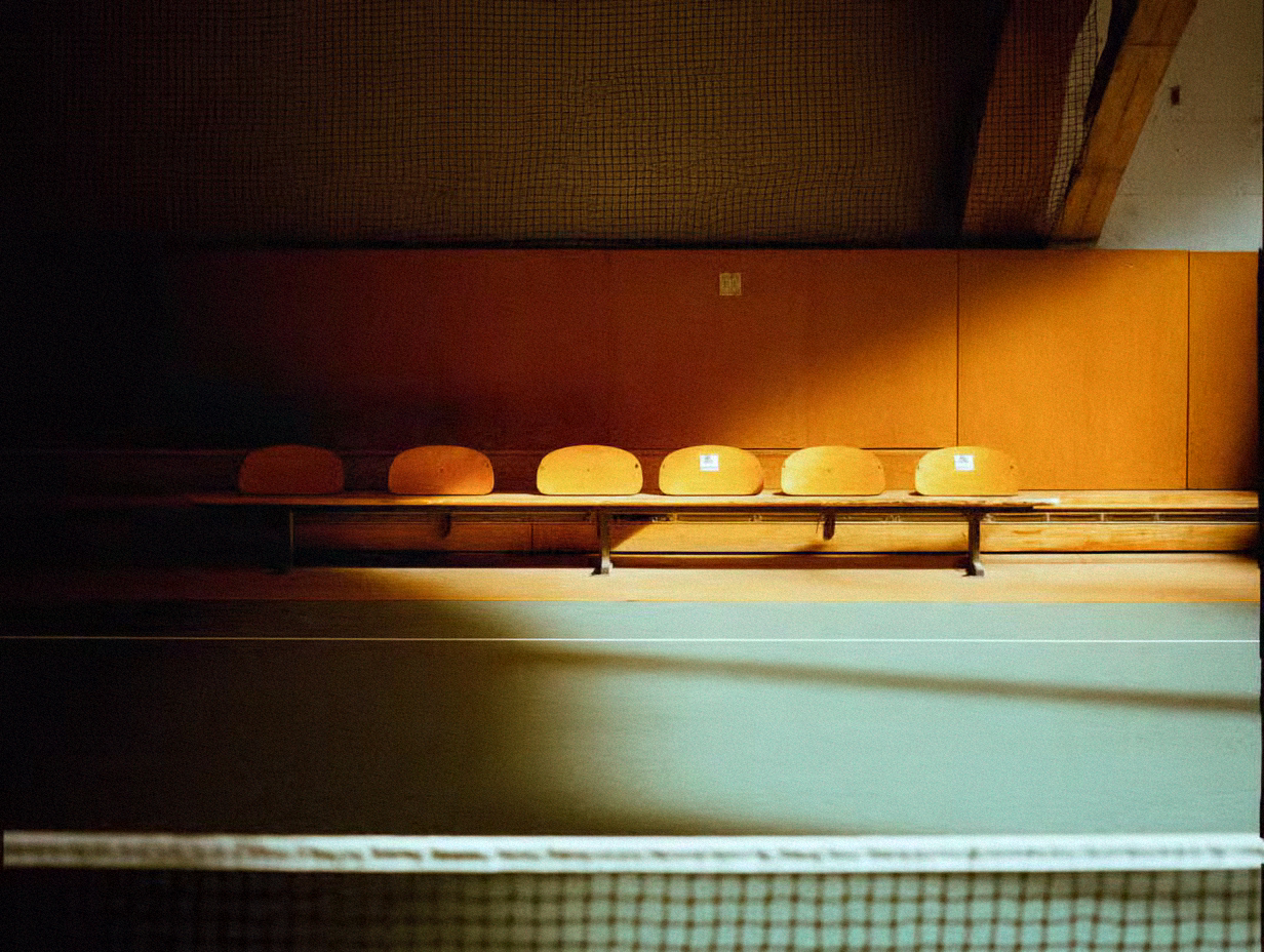 Film photo of an empty gym bench bathed in slanted light, showcasing realistic film grain and color temperature adjustment done in Color.io