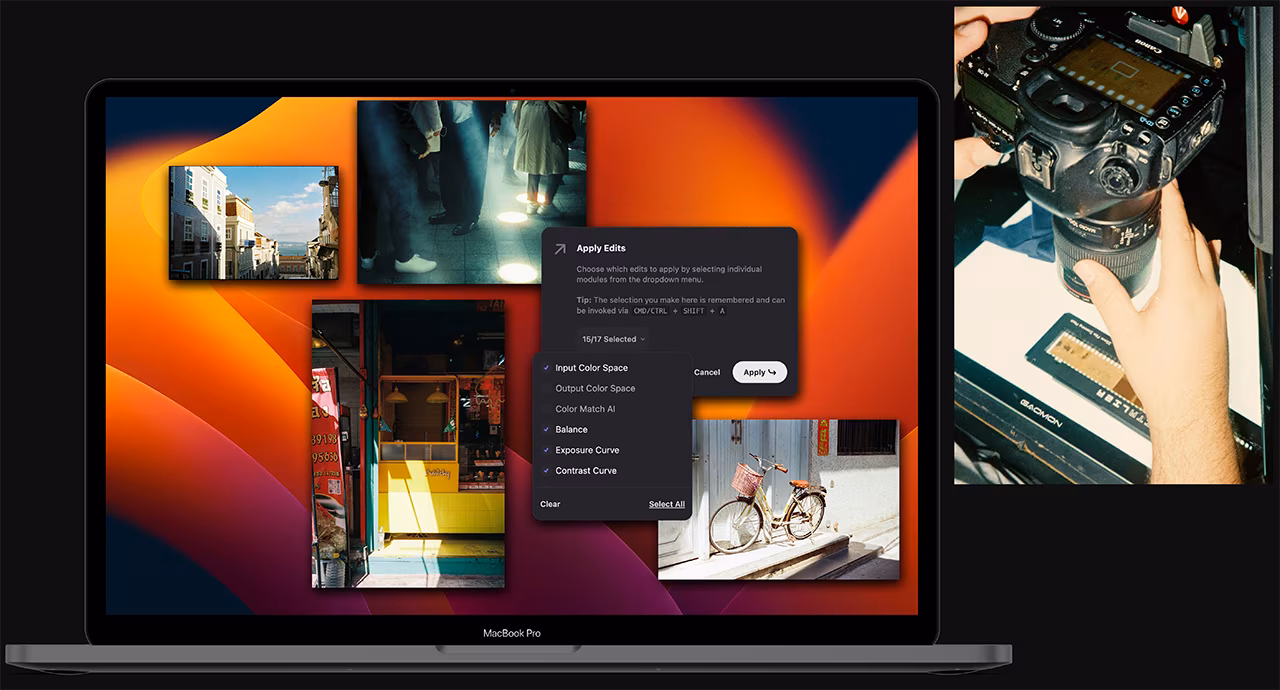 Collage showing Color.io film editing software on a MacBook alongside a DSLR camera setup scanning a 35mm film negative - digital film scanning and RAW photo development workflow.