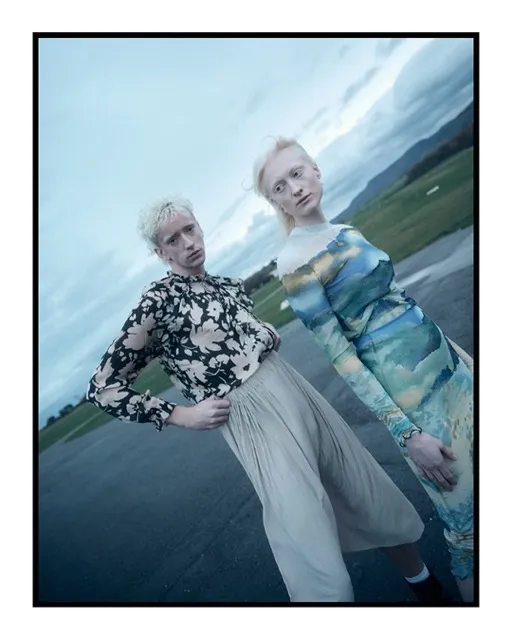 dutch angle creative fashion portrait shot on kodak portra. cold colors film look