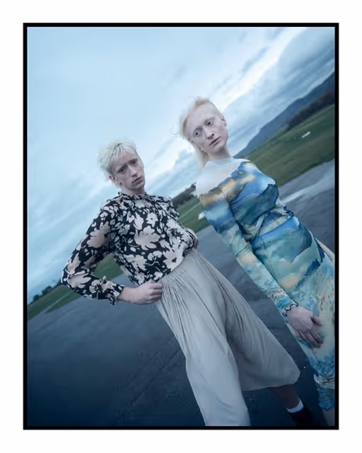 dutch angle creative fashion portrait shot on kodak portra. cold colors film look