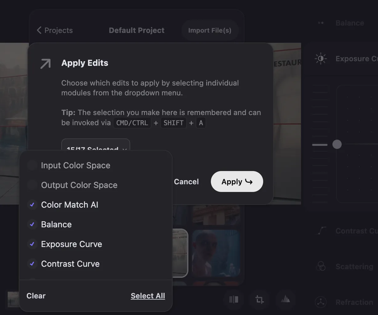 Color.io photo editor user interface showing how to batch edit images by applying edit from one image to all in project.