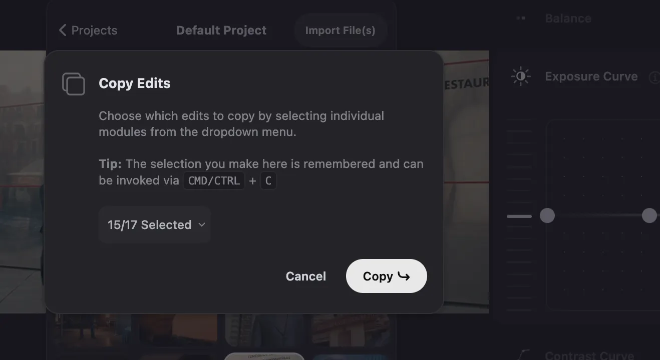 Color.io user interface showing how to copy edits from one image to another. Color Grading Software UI
