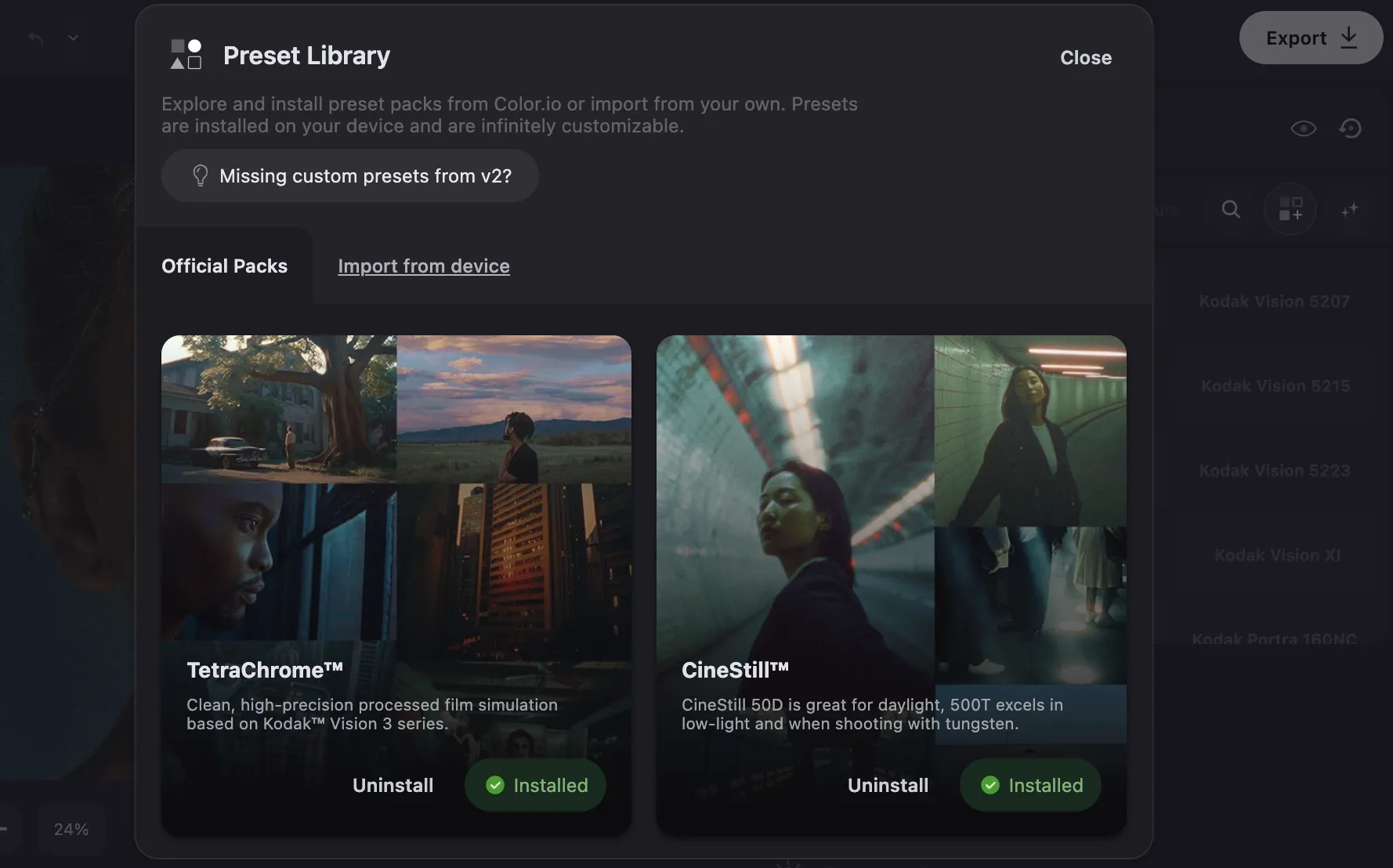 Color.io Film Emulation Preset Packs - Kodak Motion Picture and CineStill presets