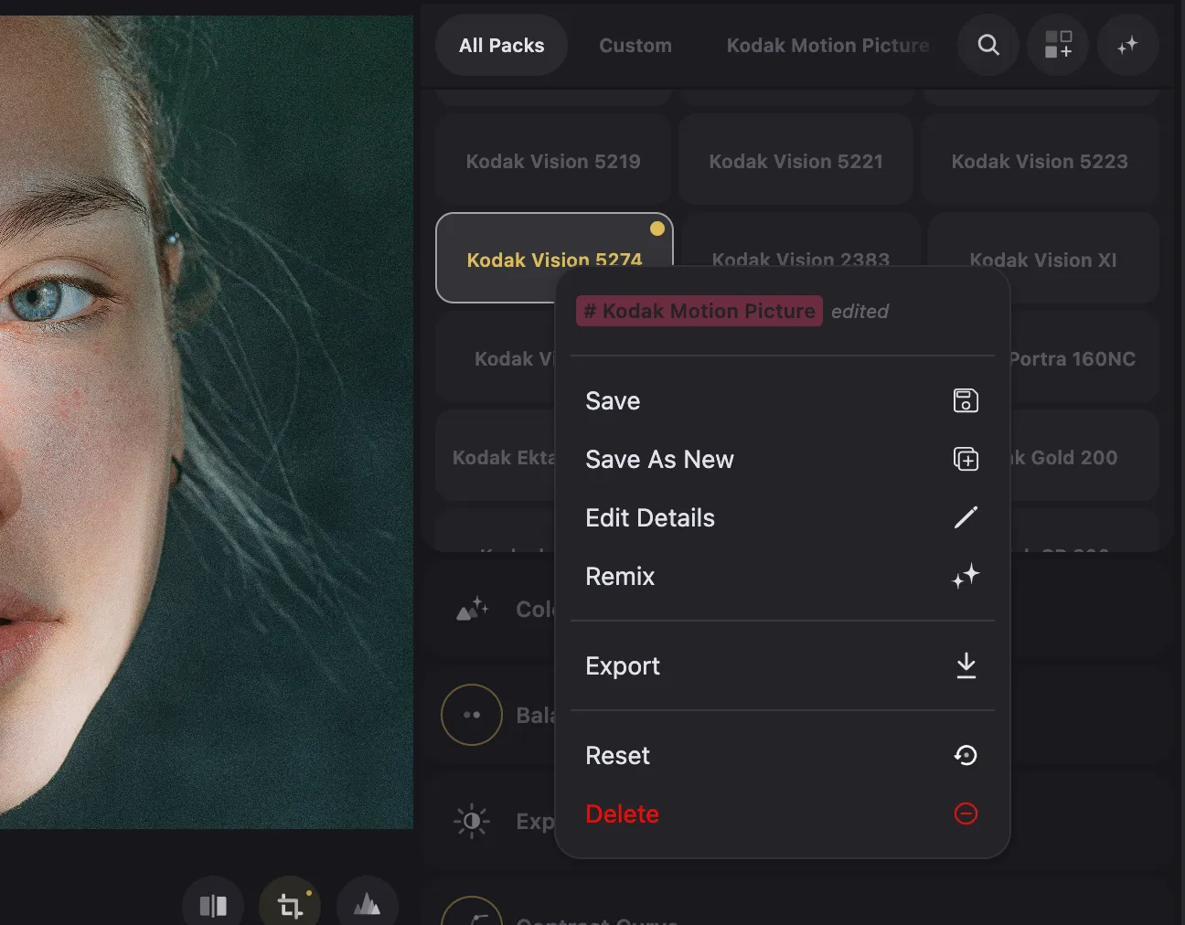 Context menu showing the options to save and edit color grading presets in Color.io app
