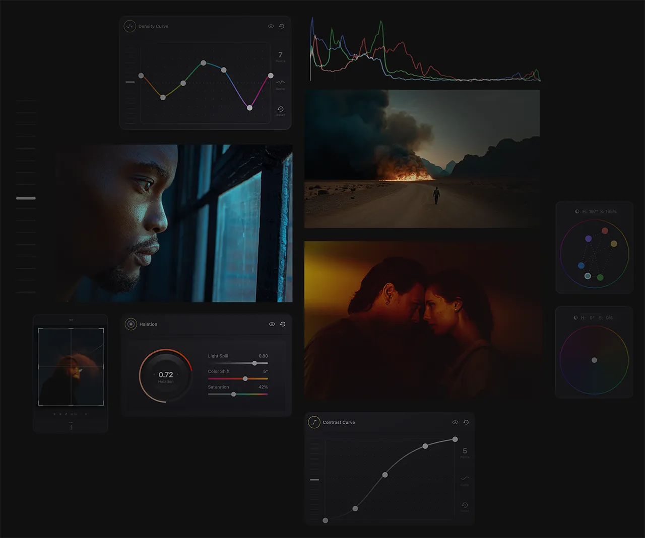 Color grading tools and film look examples showcasing Color.io