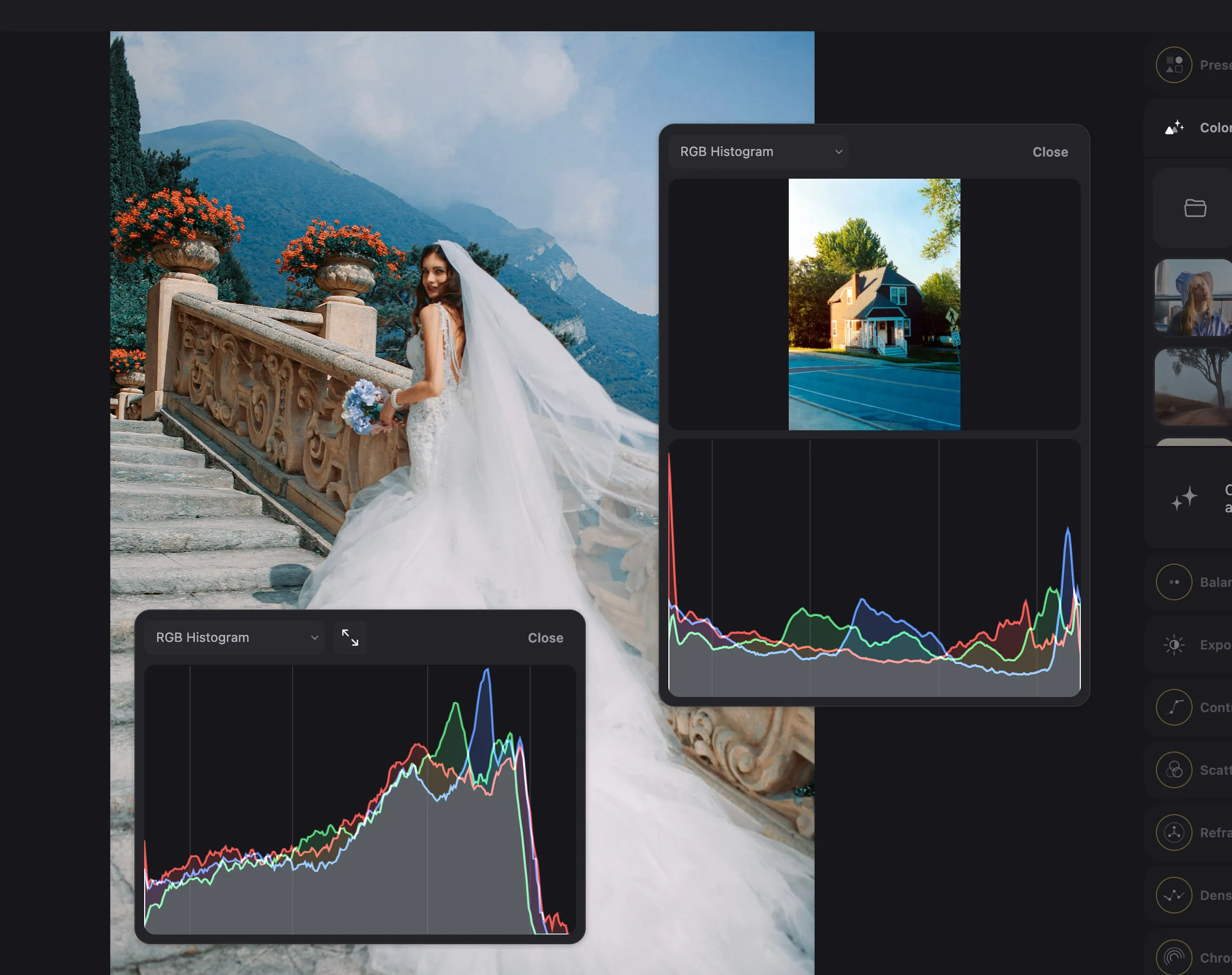 Color.io interface showing reference image viewer with waveform and histogram scopes open for manual color matching and side-by-side comparison during advanced color grading.