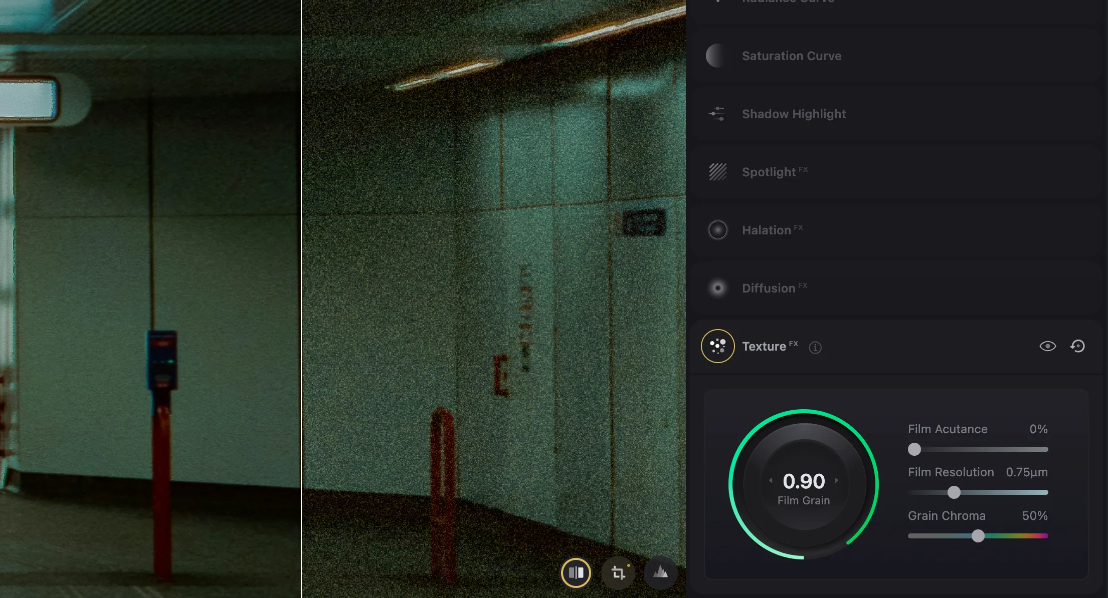 Grain simulation applied to an image in Color.io, showing authentic film-like texture with visible grain structure, demonstrating real-time grain emulation for cinematic color grading and analog film look creation.